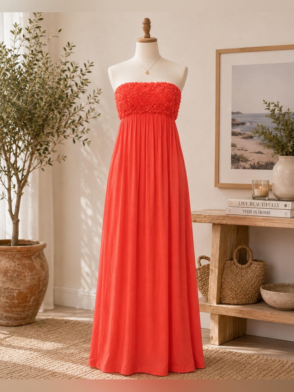 Design History Coral Strapless Maxi Dress Floral Boho Beach Medium - Picture 2 of 8